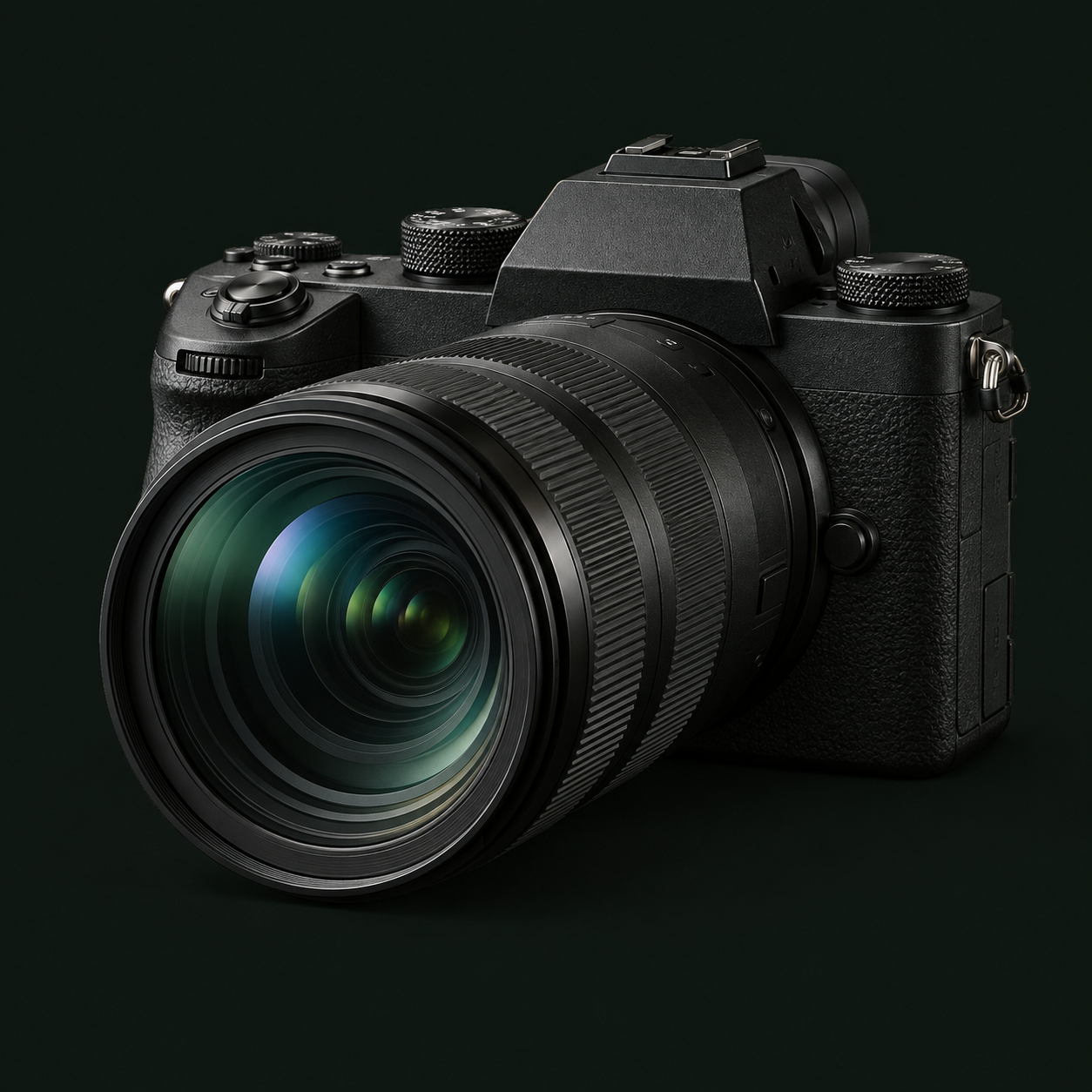 Koyu yeşil stüdyo zemininde profesyonel kamera ve lens